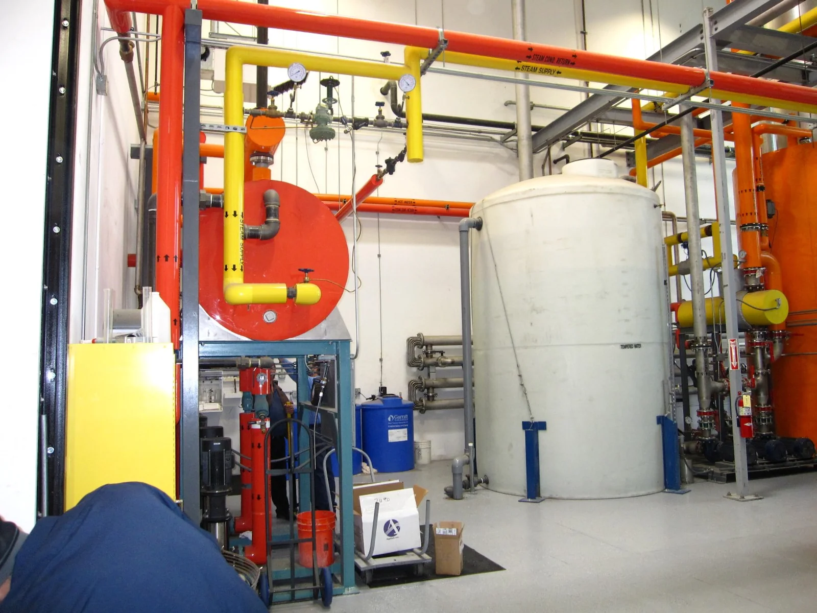 Color-coded process piping and tanks inside an industrial facility