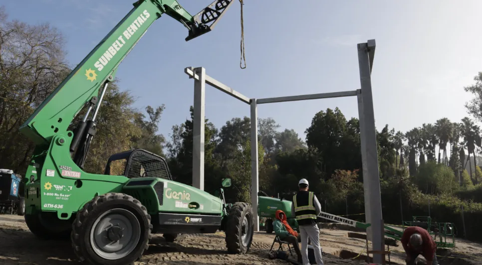 URE crews constructing steel shade canopies at the Los Angeles Zoo